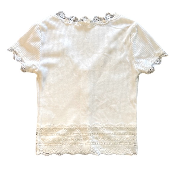 Caution to the Wind S White Flirty Button-Up Crop Top With Lace - Picture 2 of 4